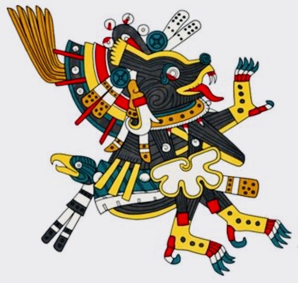 Xólotl pintado en el Códice Borgia: un dios con cabeza de perro, hocico negro y dientes al descubierto, en rojo, amarillo, verde y negro vivos, con un tocado de plumas que se extiende hacia atrás