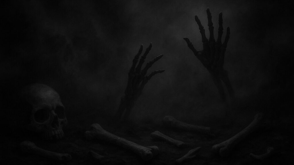 We Dig Skulls dark mist with ancient bone fragments and reaching skeletal hands