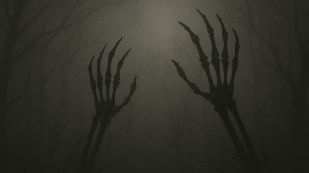 We Dig Skulls tree branches shaped like skeletal hands in atmospheric forest